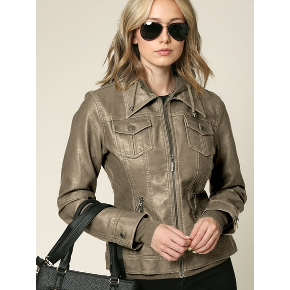 Made by Johnny Women's Faux Leather Jacket with Hoodie XL KHAKI