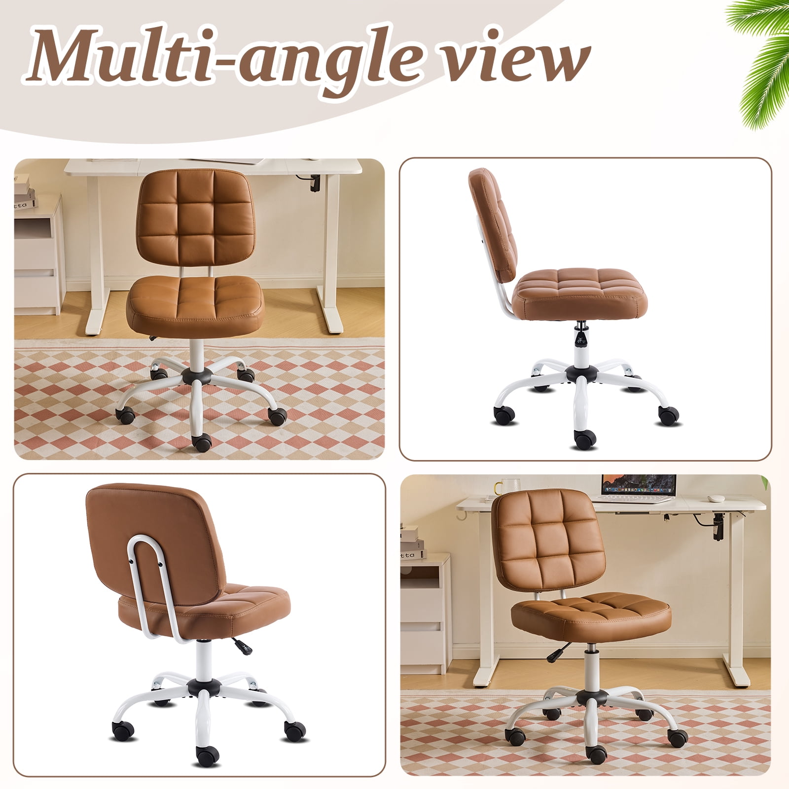 Ktaxon Armless Office Chair with Star Base PU Swivel Task Chair with 9-Grid Design for Study Room or Dressing Area Brown