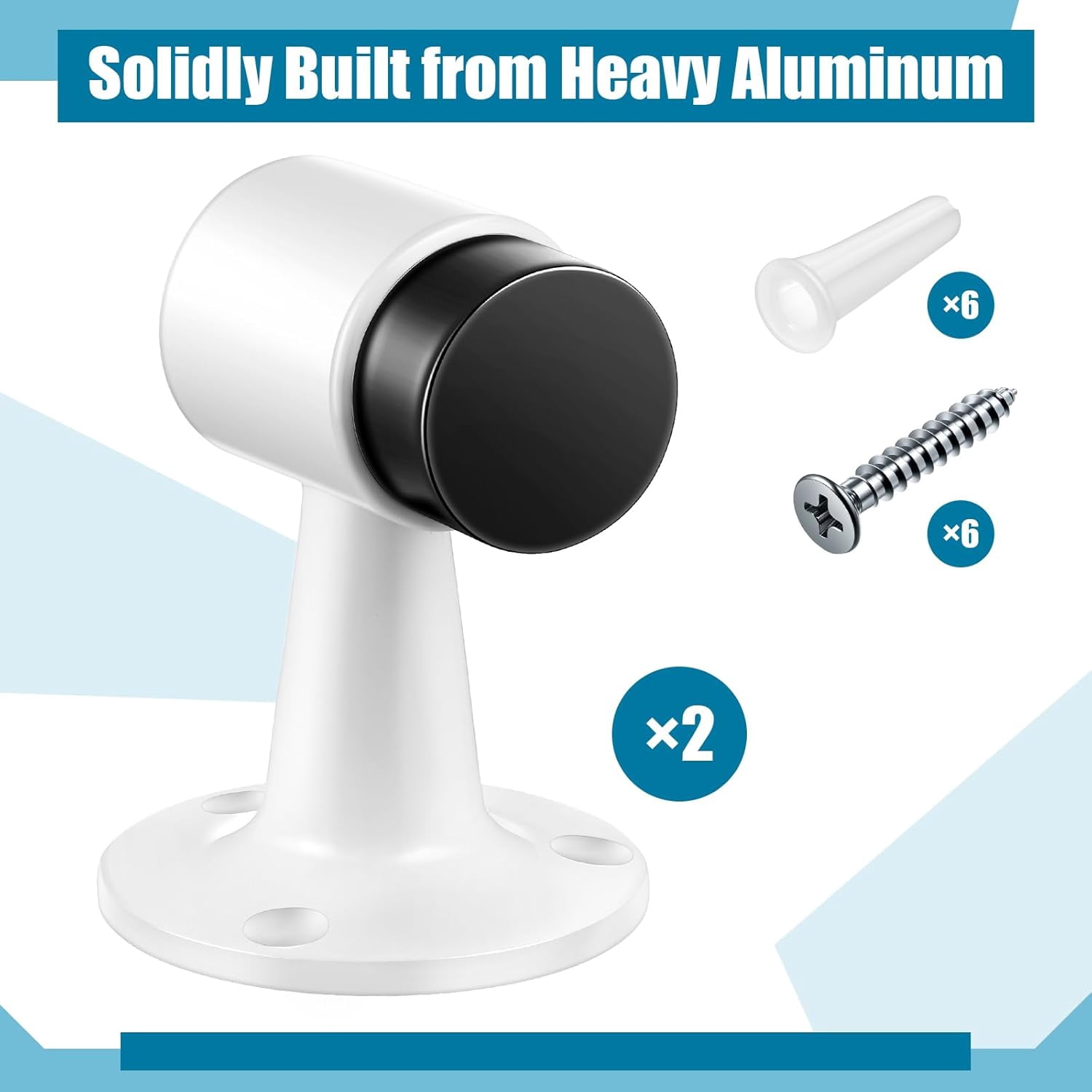 JJEAN-2 Pack Heavy Duty Floor Mounted Door Stop 3 in Aluminum Commercial Grade Door Stopper with Rubber Bumper & Stainless Steel Screws (White)
