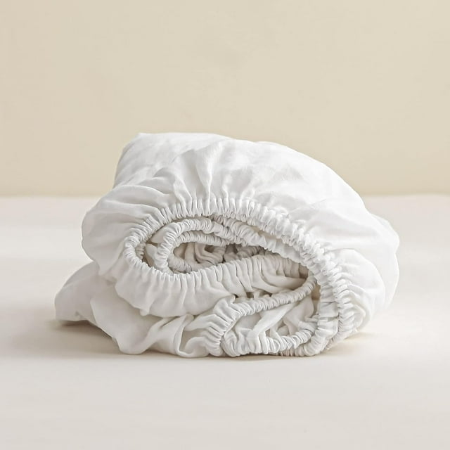 Linen Fitted Sheet with Stone Washed es Deep Pocket French Flax Solid Color Soft Breathable Bedding (Queen Linen)