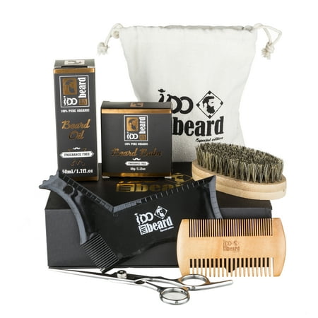 Deluxe Grooming Kit - iDo My Beard - Deluxe Beard Grooming Kit (6-pcs) for Men Care - Organic Unscented Beard Balm and Beard Oil, Barber Scissors, Shaping Tool, Two-sided Comb, Beard Brush and Canvas Bag