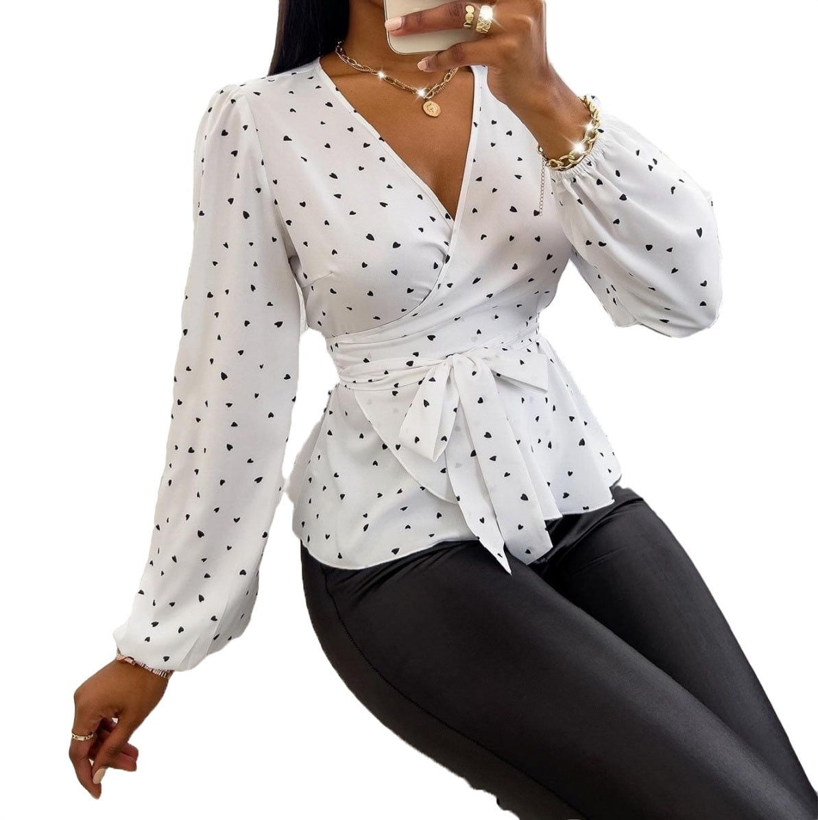 Womens Blouse Tops Heart Print Surplice Neck Belted Peplum Blouse White