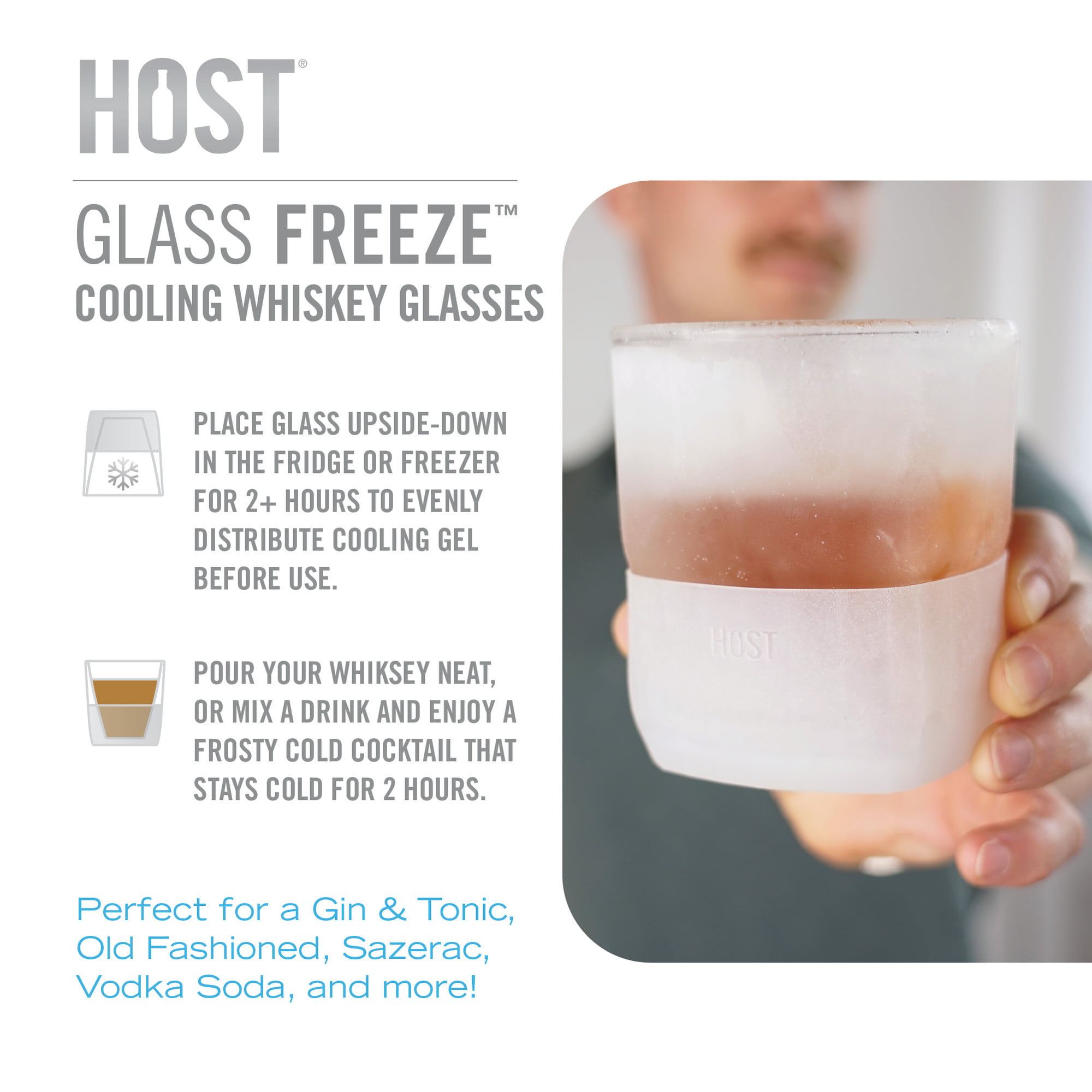 Host Freeze Cooling Glasses for Old Fashioned, Whiskey, Bourbon, and Scotch,  Freezer Gel Chiller Insulated Glass Double Wall Tumblers Set of 2