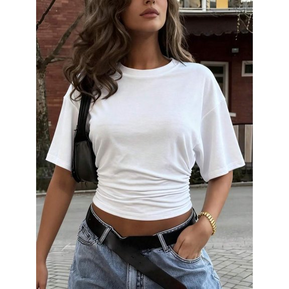 Korean-style design round-neck pullover short-sleeve T-shirt for women, new summer model, simple and versatile, solid color, loose-fitting top
