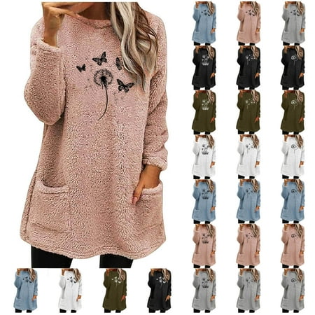 lcziwo Womens Sherpa Pullover Loungewear Fuzzy Fleece Sweatshirt with Pockets Casual Comfy Soft Pajamas Tops Pink M