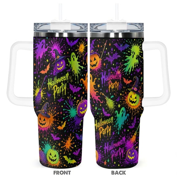 Ghost Party Design 40oz Travel Tumbler With Handle And Straw, Stainless Steel Insulated Leakproof Cup Fits Car Cup Holder
