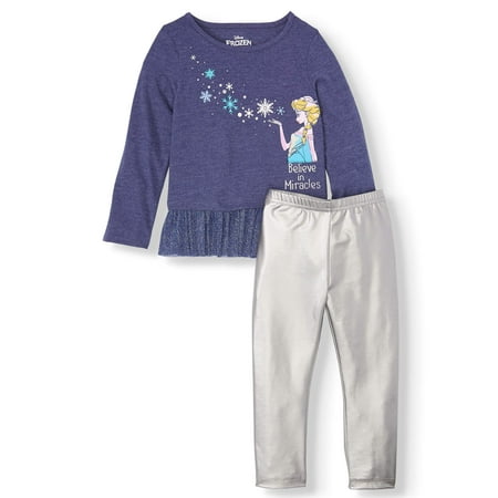 Disney Frozen Elsa Toddler Girl Long Sleeve Flounce Tunic & Metallic Leggings, 2pc Outfit Set