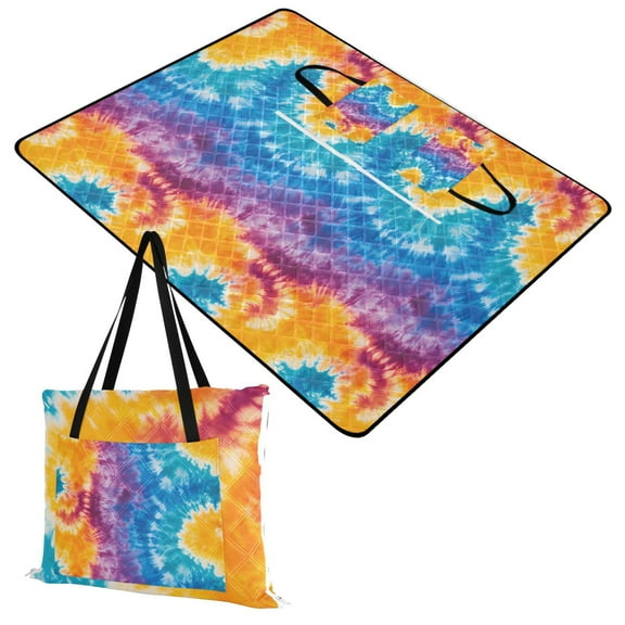 Extra Large Picnic Beach Blanket Waterproof Sand Proof Portable Outdoor Mat Blue Purple Yellow Tie Dye 60x80