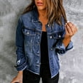 thumbnail image 4 of Mrat Women Blue Denim Jacket - Women’s Lapel Button-Down Long Sleeve Jean Jacket with Pockets Frayed Hem Washed Winter Coat Outerwear C-14 Blue S, 4 of 4