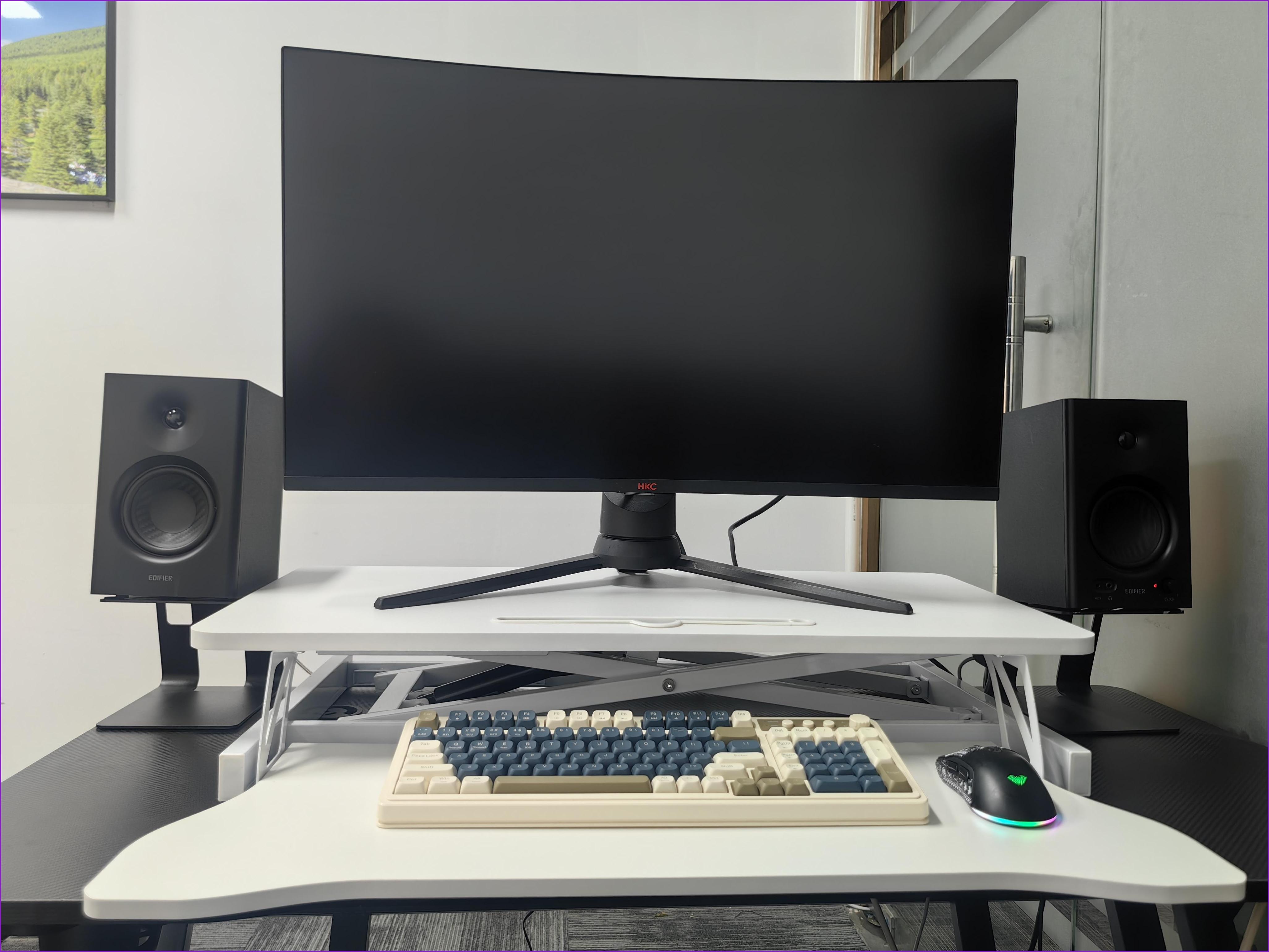 Desk Converter, 31.5”x15.7” Height Adjustable Sit to Stand Riser with Wide Keyboard Tray for Dual Monitors/Laptop, White | MDF+Metal