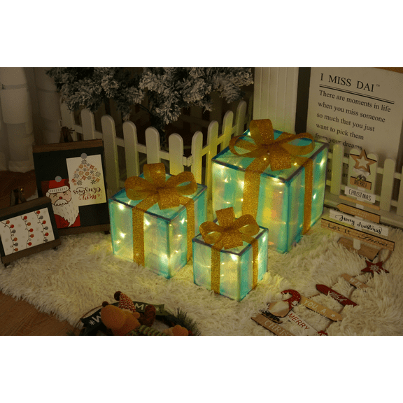 Purple Watercolor & Peacock Blue Stripe Pattern Christmas Lighted Gift Box Set of 3 with Remote Control, 8 Functions, Battery Operated Holiday Décor-blue