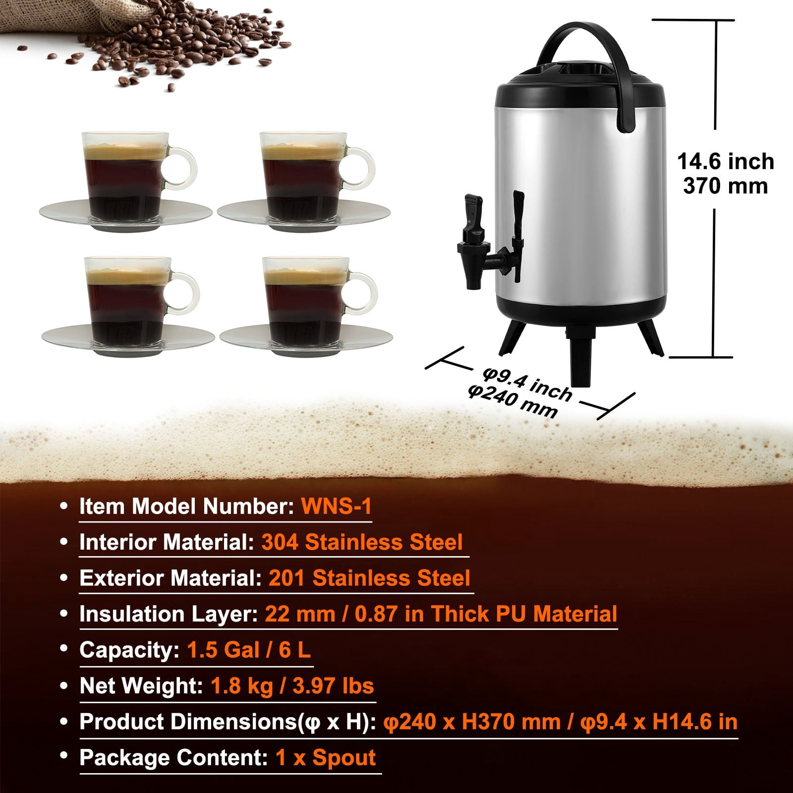 1.5 Gallon Insulated Beverage Dispenser, Double-Wall Stainless Steel, 4-6 Hours Hot/Cold Retention, Food-Grade 304 Interior, Lightweight, for Coffee, Juice, Tea & Milk