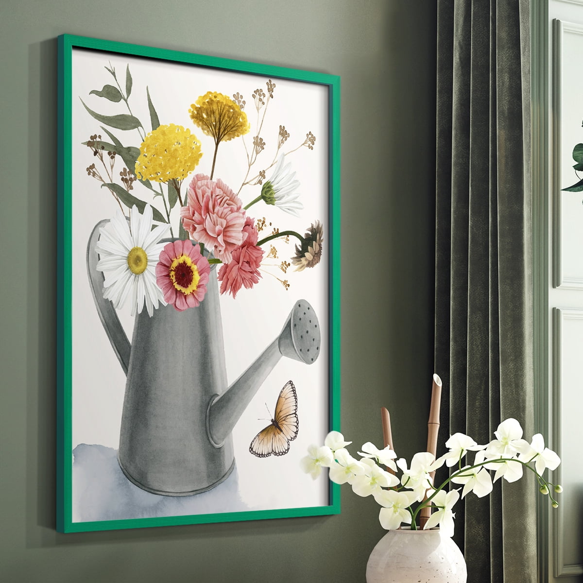 Watering Can Bouquet II Framed Print in Green Solid Wood 8 x 10 Framed Print