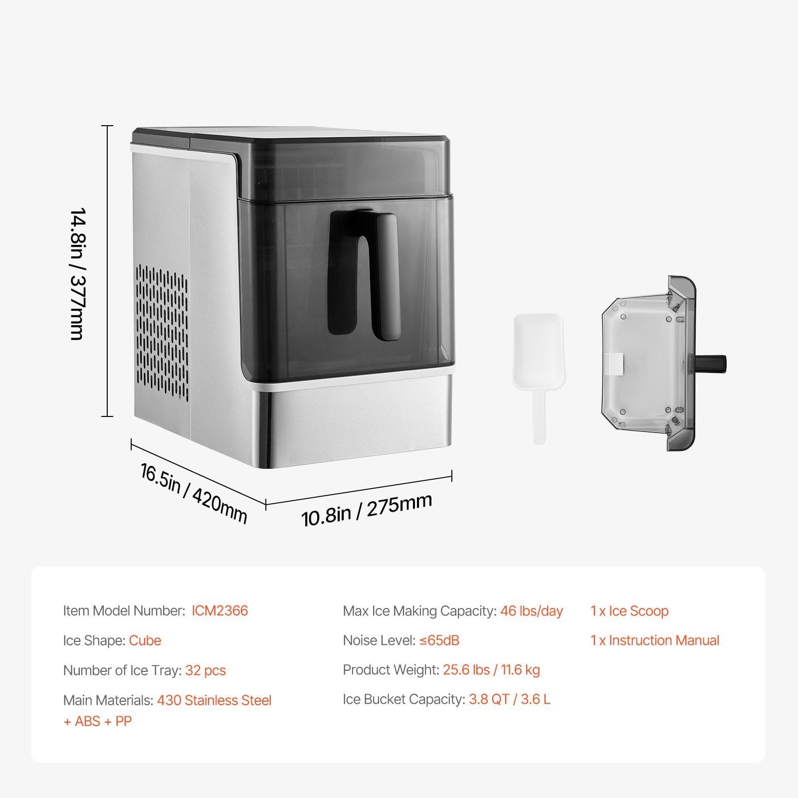 Self-Cleaning Portable Ice Maker 50Lbs Daily, 3 Ice Size Options, Countertop Electric Ice Machine for Kitchen/Bar