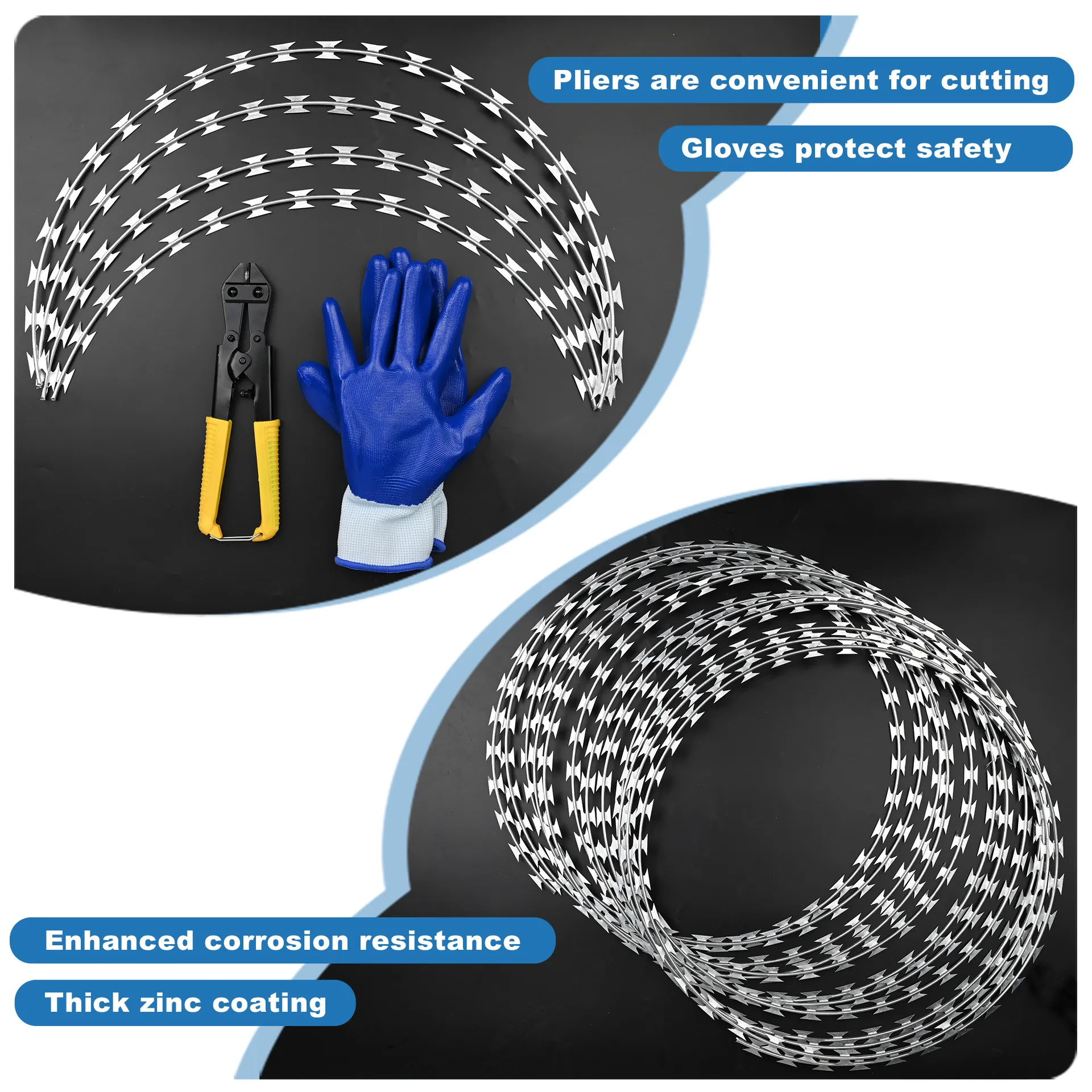 296ft Razor Wire 6 Rolls, Silver Razor Fencing, Galvanized Concertina Wire with Pliers Gloves Warning Sign for Garden Farm Factory Security