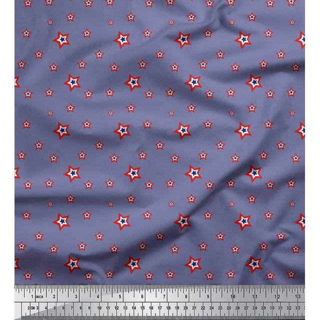 Soimoi Purple polyester Crepe Fabric Red & Blue Star Print Sewing Fabric Yard 52 Inch Wide