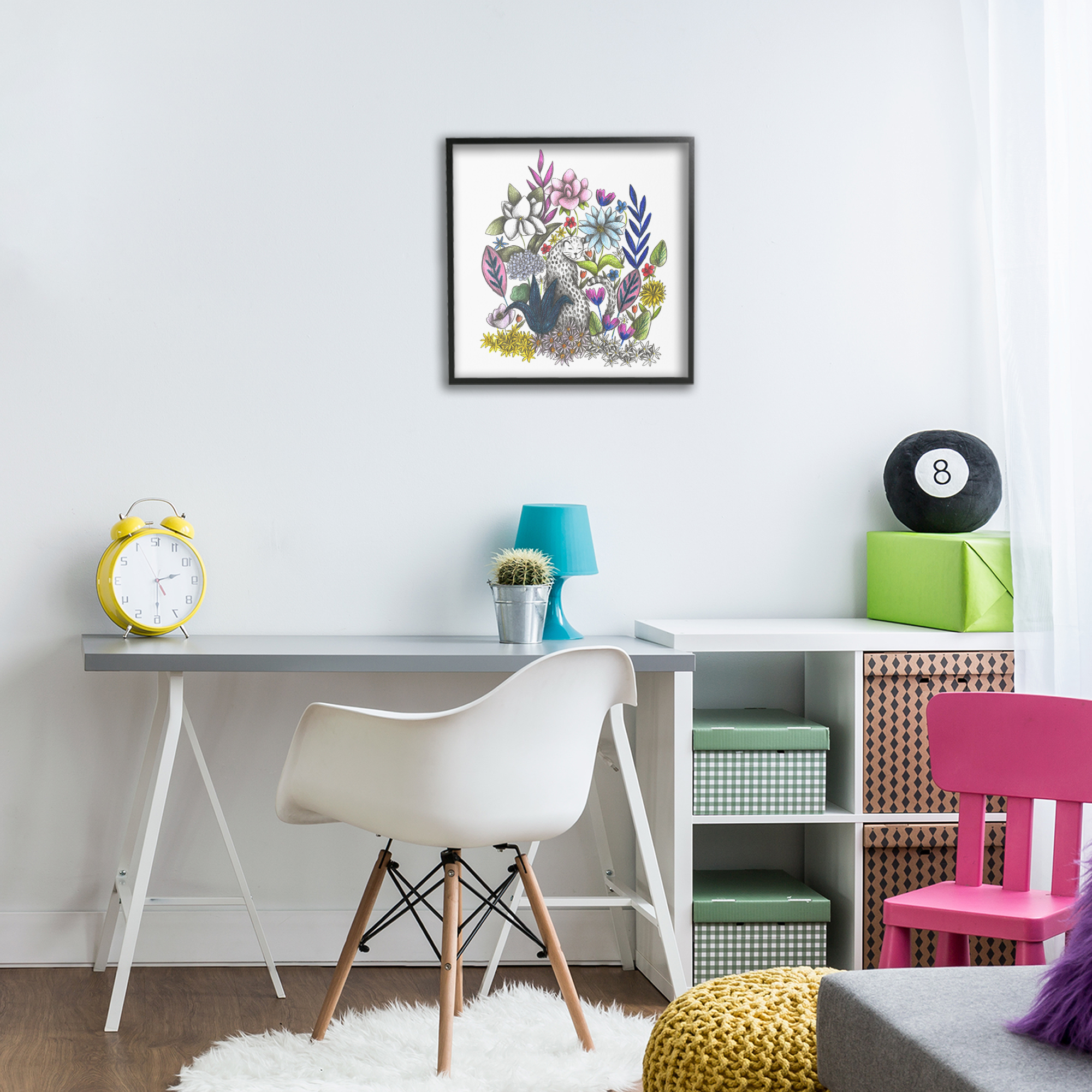 Leopard in Midst of Flowers Black Framed Giclee Art, design by Cecilia Battaini