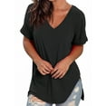 thumbnail image 3 of Liher Women V Neck Basic T-Shirt Plain Solid Color Summer Tops Rolled Short Sleeve Side Split Tunic Tops Tee Black XL, 3 of 4
