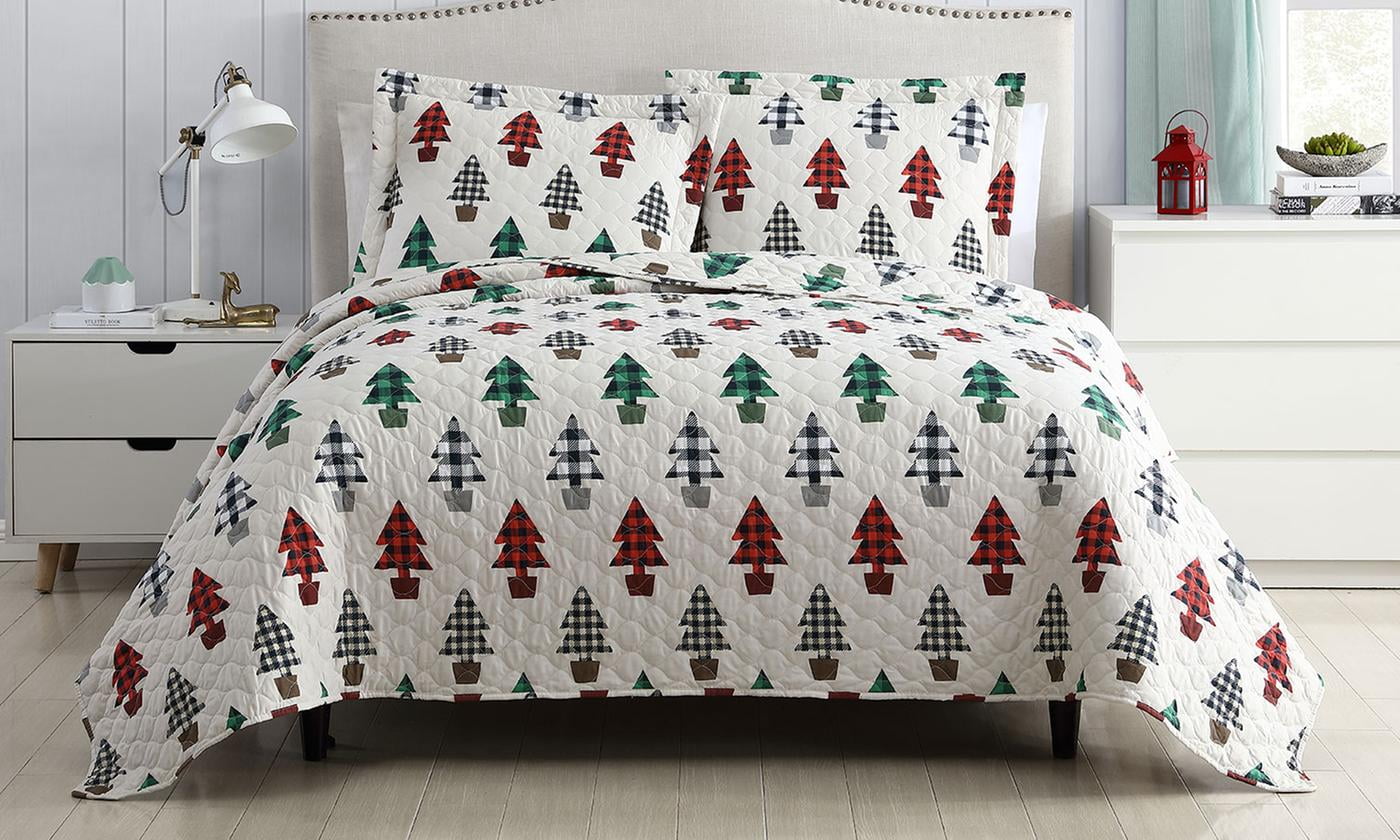 Christmas Trees Holidays Red, Green & Black Checkered King Quilt Set (3