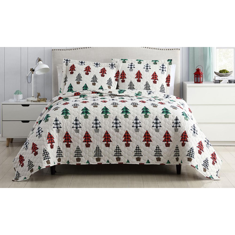 Christmas Trees Holidays Red, Green & Black Checkered King Quilt Set (3 Piece)