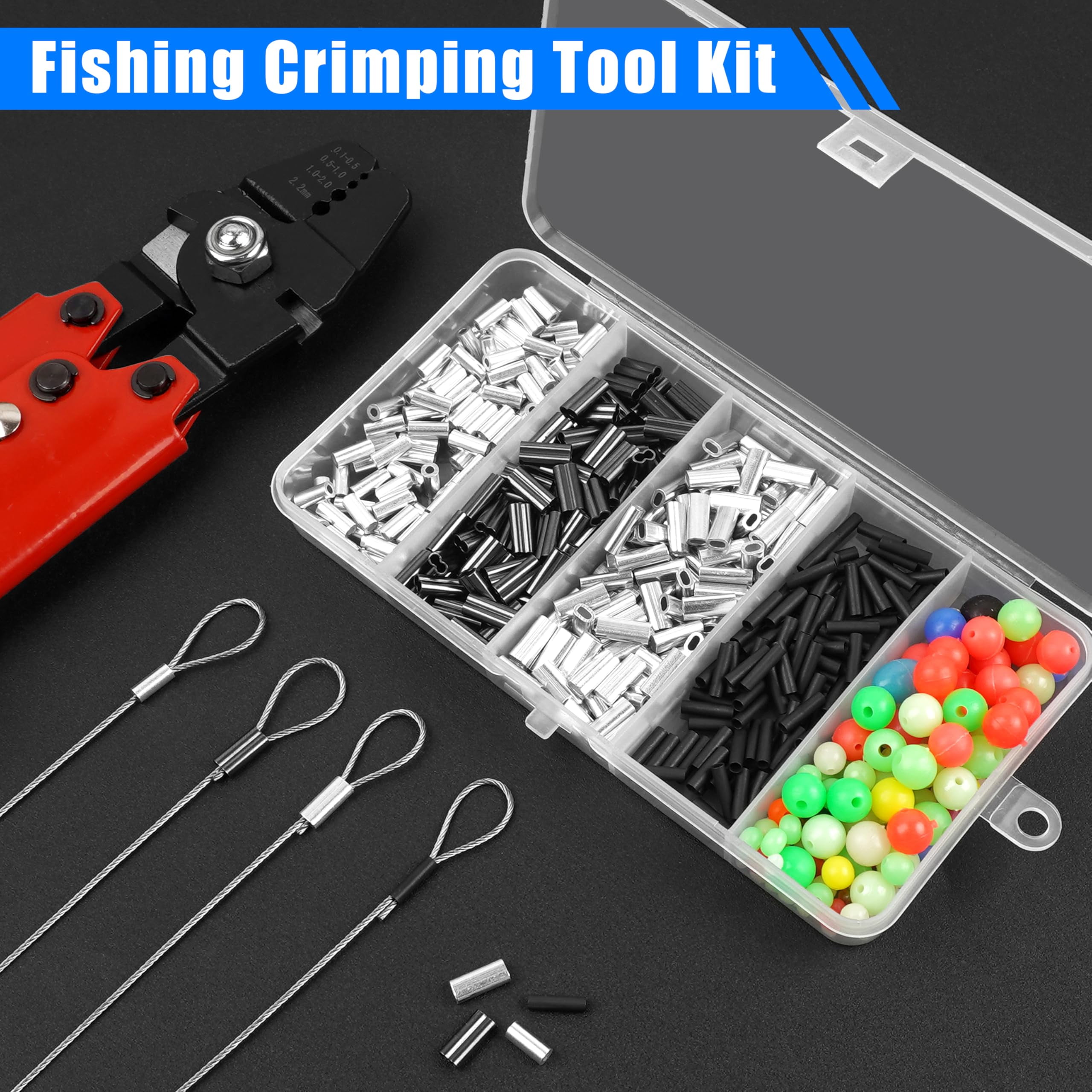Wire Rope Crimping Tool with Cutter + 500pcs Crimp Sleeves Set Effort-Saving Fishing Crimping Pliers Stainless Steel Fishing Wire Crimper Tool, 4 Size Crimp Sleeves Fishing Tackle Pliers