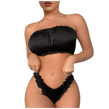 

XHJUN Lingerie Set Plus Size Bra and Panty Set Ruffle Lingerie Set Mesh Babydoll Chemise Black S