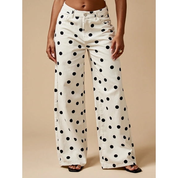 Women White Base Black Polka Dot High Waist Wide Leg Denim Pants Casual Loose Baggy Jeans