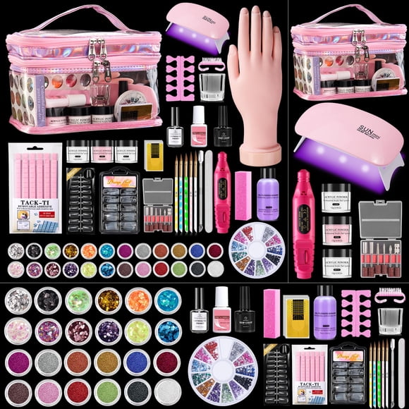 Kit de uñas acrílicas Wilfniee para principiantes con mano de práctica y lámpara UV