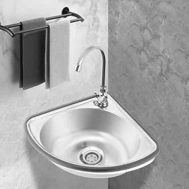Single Triangle Wash Basin Corner Sink Mini Bar Sink Stainless Steel w/ Faucet
