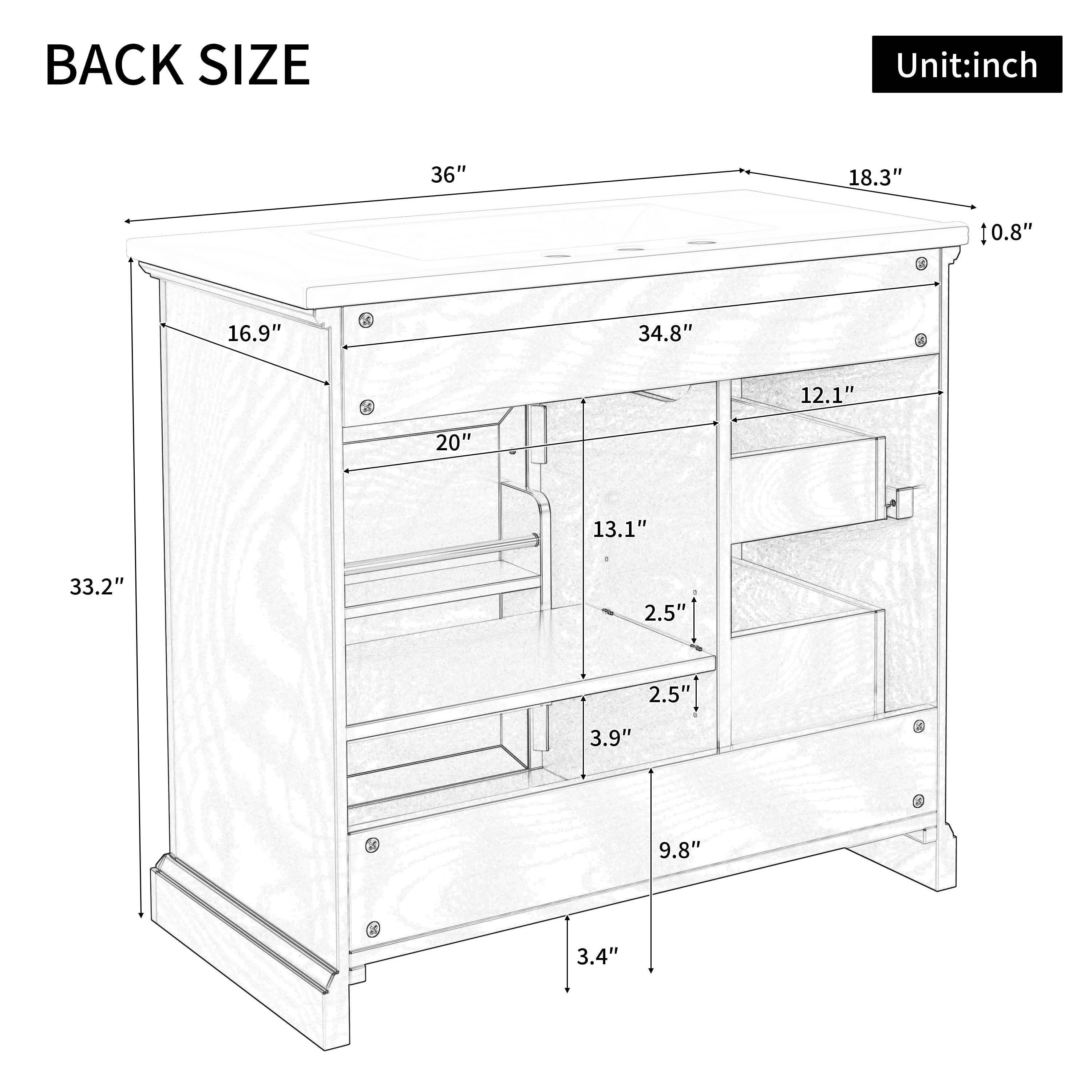 MAYEERTY 36" Bathroom Vanity Ceramic Sink Top 4 Drawers 1 Soft-Close Door Freestanding Metal Handles Black