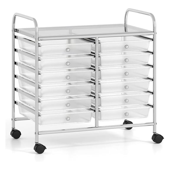12-Drawer Rolling Storage Cart, Multifunctional Art Organizer Cart, Mobile Utility Storage Cart with Removable Drawers & Lockable Wheels, Cart for Home Office School, Clear