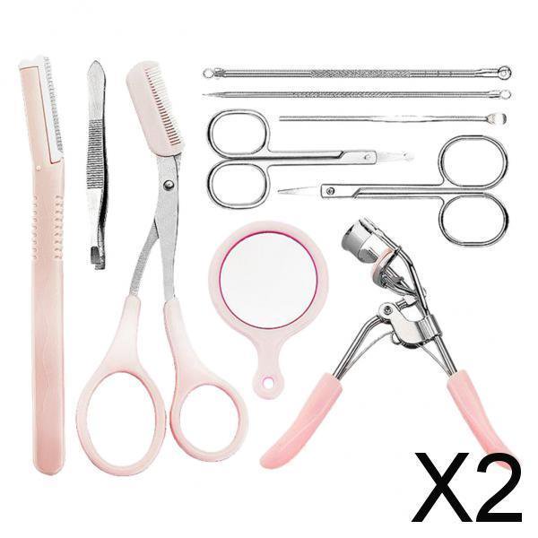 2X 10 Uds herramientas para cejas pinzas tijeras maquinilla de afeitar rizador de pestañas juego de agujas para acné 2 piezas