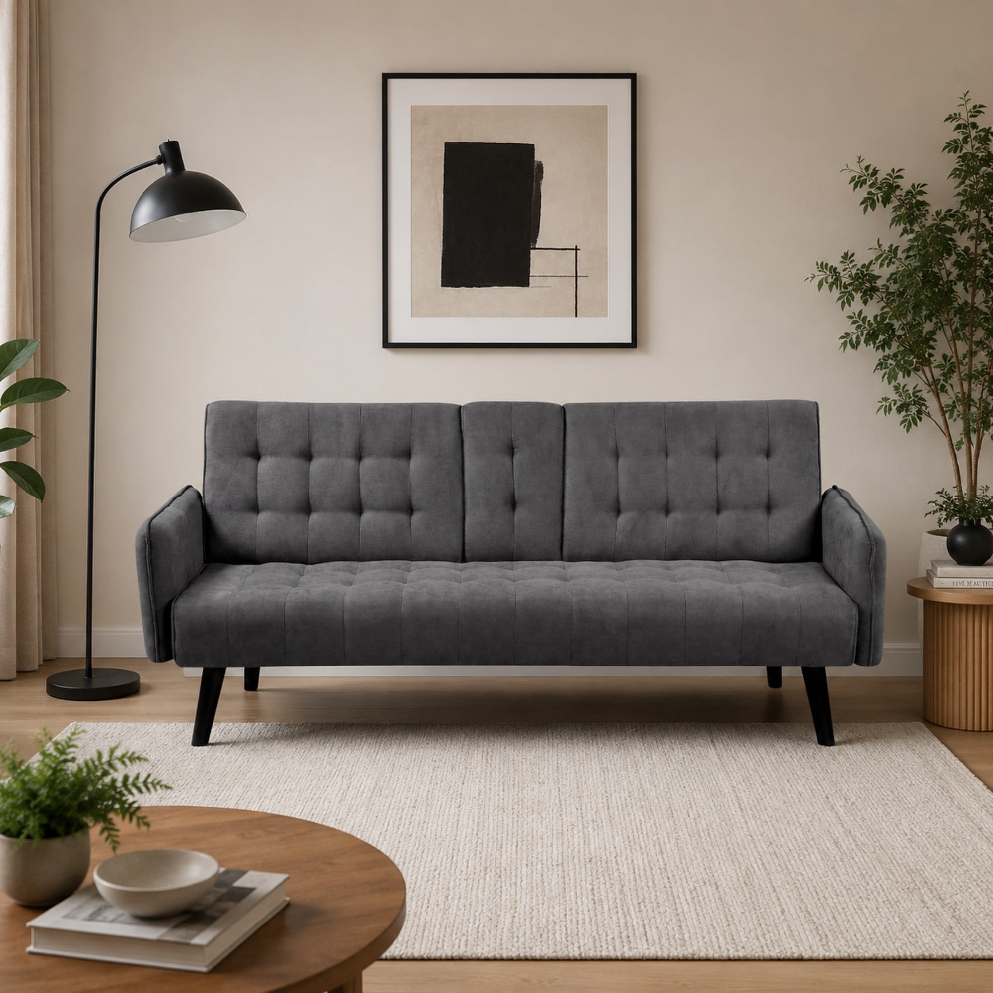 BSHTI 72" Linen Sleeper Sofa Bed with Folding Backrest,Adjustable Back, Drop-Down Table with Cup Holder for Living Room（Dark Gray）