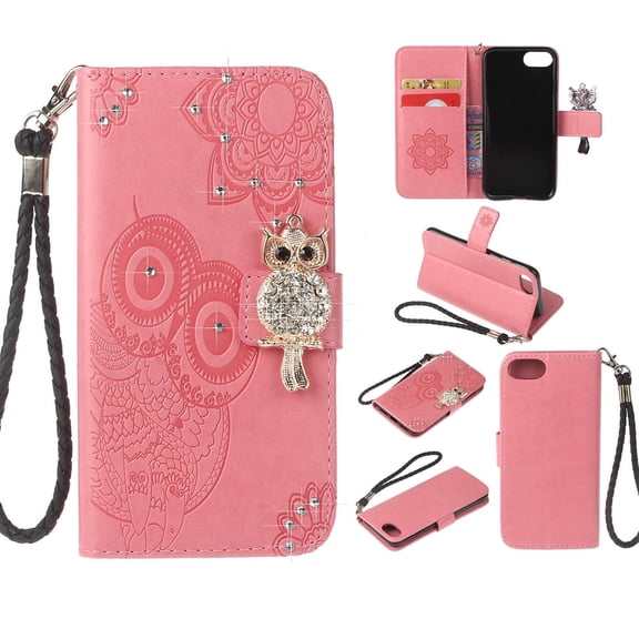 iPhone 7 / 8 Case, Allytech Premium Leather Cute Glitter Owl Shockproof Folio Stand Drop Proof Cards Slots Bumper Magnetic Book Style Wallet Case Cover for Apple iPhone 8/ iPhone 7, Pink