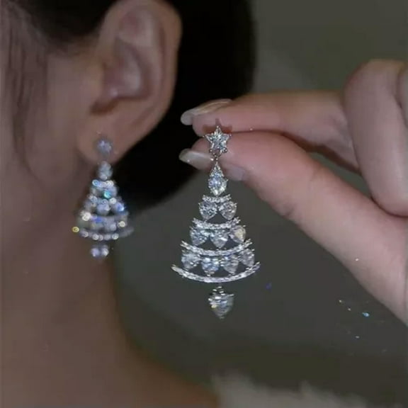 GKNET Luxurious Christmas Tree Crystal Zircon Earrings Stud Drop Dangle Women Jewelry-Zircon Christmas Tree
