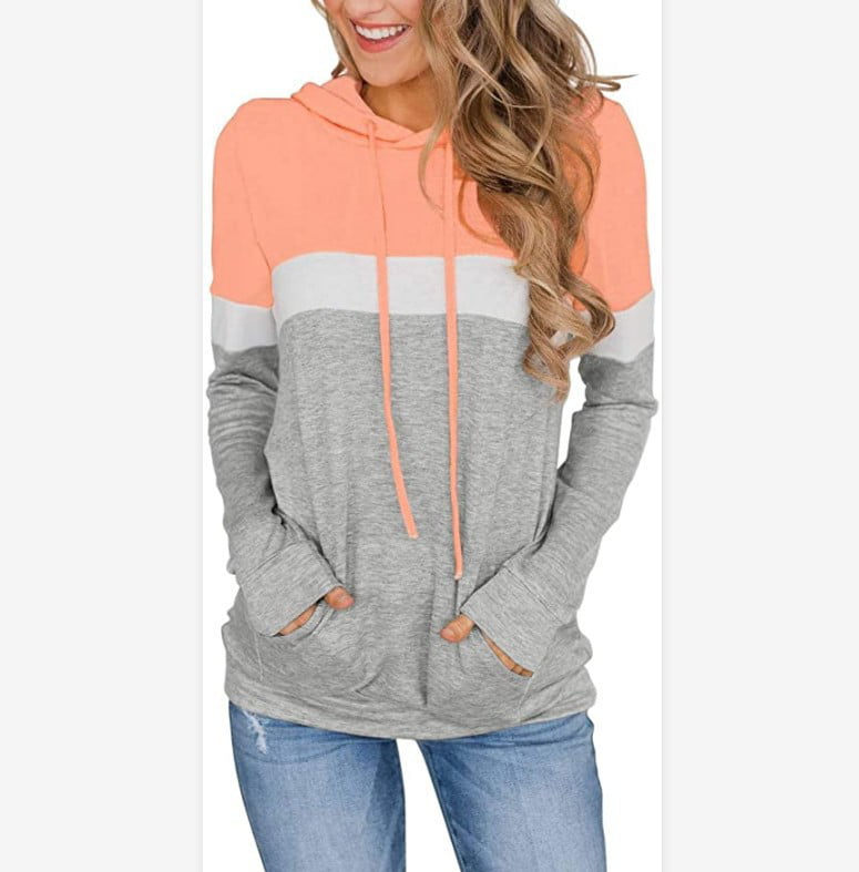 Mogor Women Long Sleeve Pullover Knit Sweatshirts V Neck Hoodies with Drawstring Block Color Tops