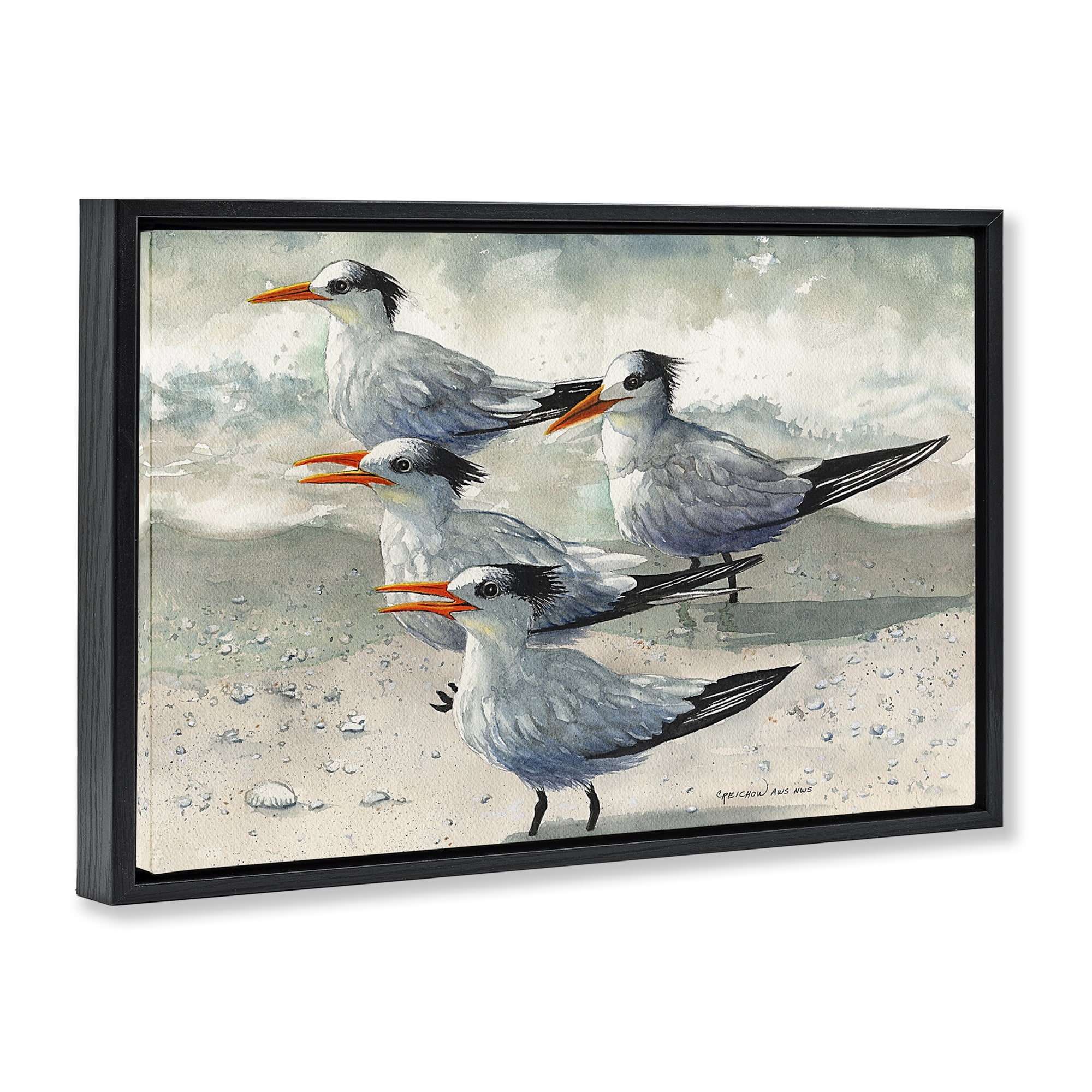 Stupell Industries Birds on Sandy Beach Animals & Insects Painting Black Floater Framed Canvas Art Print Wall Art, 25 x 17