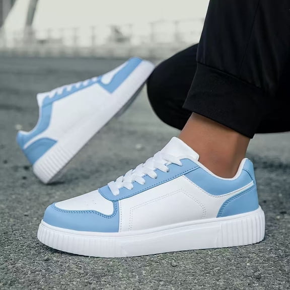 Two-Tone Blue White Platform Leather Skate Board Sneakers