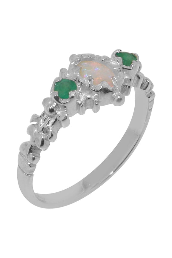 LBG British Made 14k White Gold Natural Opal & Emerald Womens Promise Ring - 33 size options - Size 7