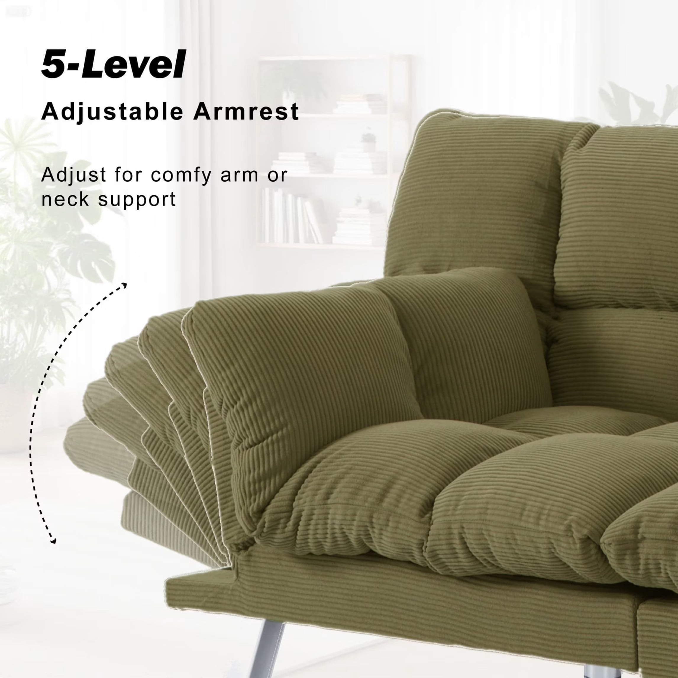 BSHTI 67.3" Futon Sofa Bed, Corduroy 3 in 1 Convertible Sofa Bed with Adjustable Backrest, Split-Back Design, Loveseat Sofabed for Living Room, Office, Guest Room, Green