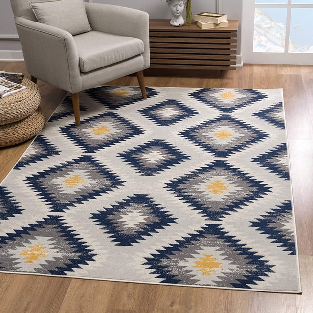 homeroots home decor 392882 7’ x 10’ Blue and Gray Kilim Pattern Area Rug