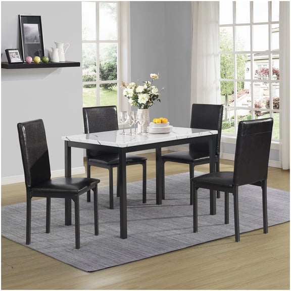 White Faux Marble Dining Table Set with 4 Black Chairs - 5 Piece Metal Frame Kitchen Dinette for 4