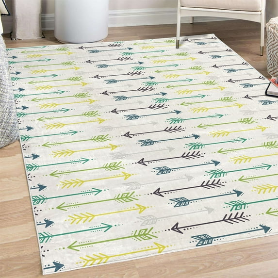 Boho Decorative Rug, Retro Arrow Pattern in Horizontal Line Heading to Opposite Directions Art, Quality Carpet for Bedroom Dorm and Living Room, 6 Sizes, Blue Yellow and Green, by Ambesonne