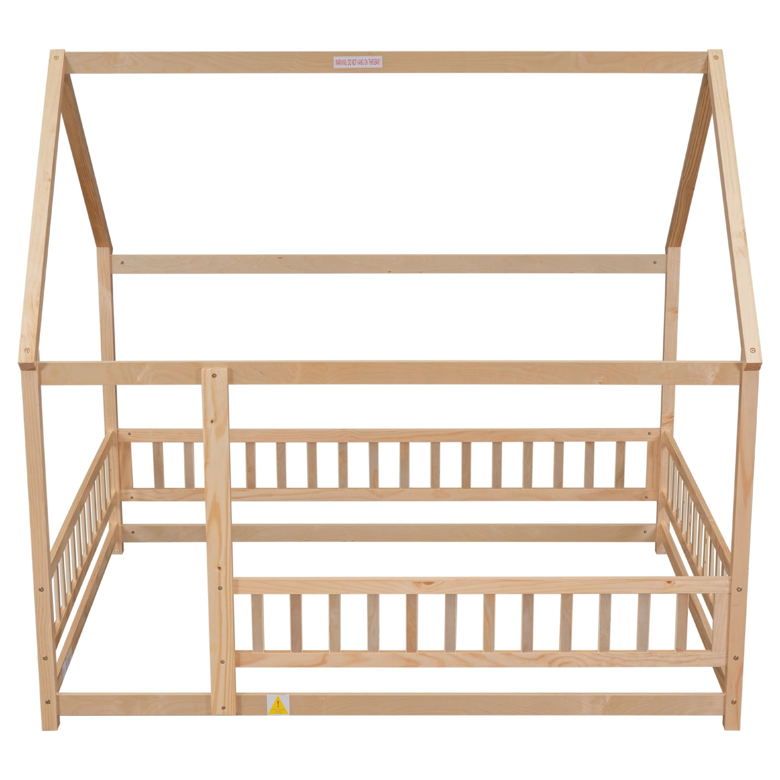 Full Size Floor Bed Frame for Kids,Montessori Floor Bed with House Roof Frame and Fence Guardrails,Low Wooden Playhouse Bed for Girls and Boys,Natural