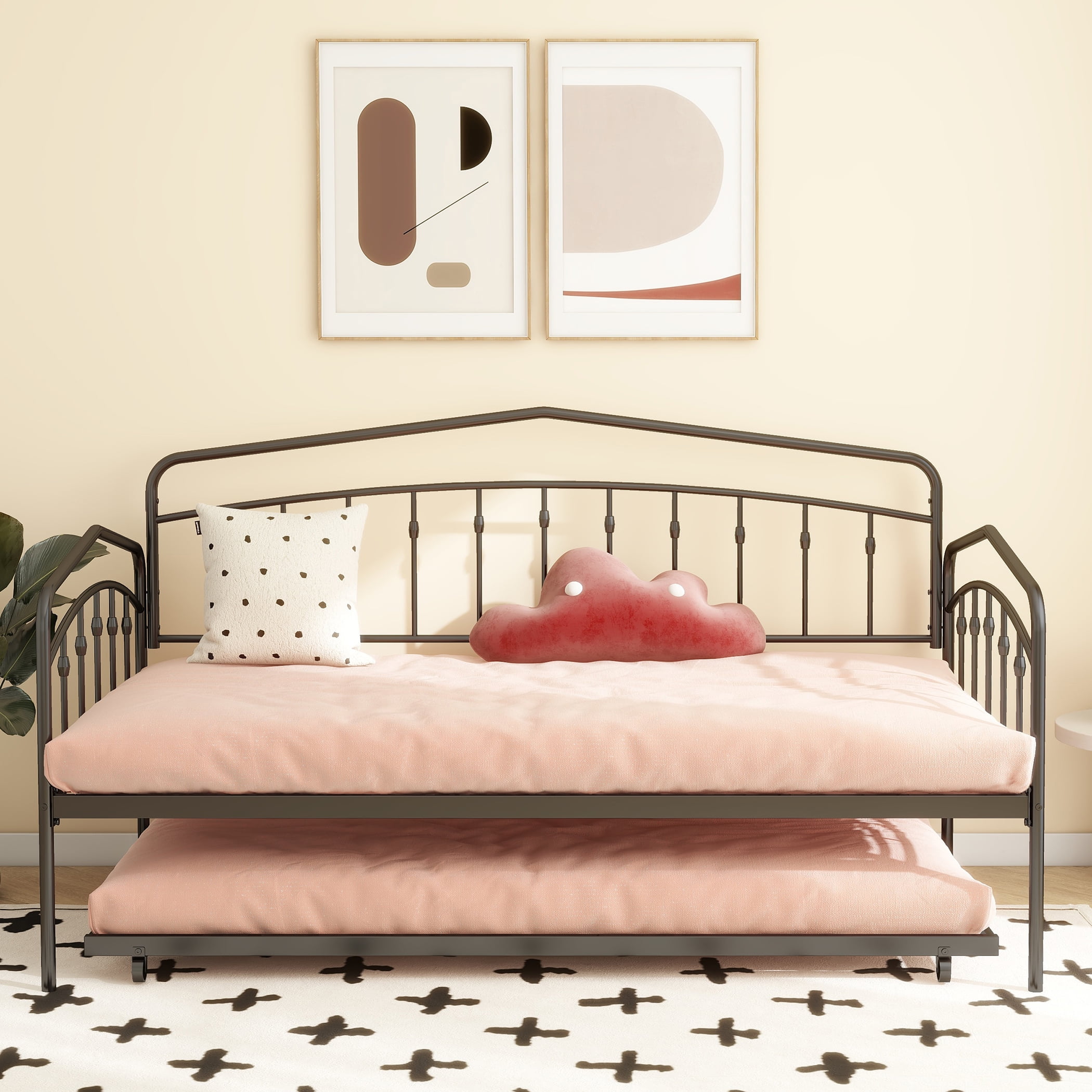 Miniyam Metal Twin Daybed with Pull Out Twin Trundle,Trundle Bed for Living Room Guest Room,Black(Mattress not included)