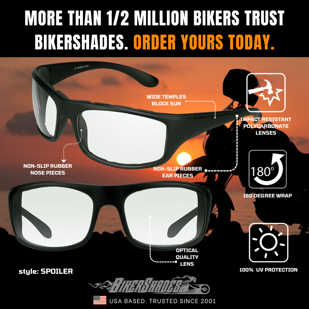 Bikershades Motorcycle Riding Safety Sunglass Foam Padded Large Fit Wind, Dust and Impact Resistant