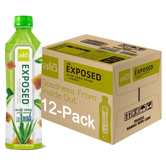 ALO Exposed Aloe Vera Juice Drink Honey, 12 x 16.9 Fl oz bottles, Made with Real Aloe Vera Pulp & Juice Straight from the Leaf, Plant-Based with Real Pulp
