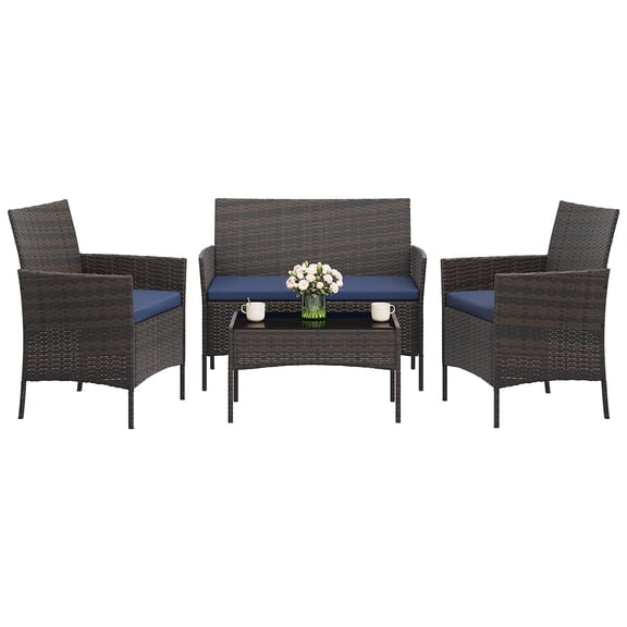 4-Piece Patio Furniture Set, Modern PE Rattan Wicker Chairs with Soft Cushions & Tempered Glass Coffee Table, All-Weather Outdoor Seating for Garden, Porch, Balcony, Poolside