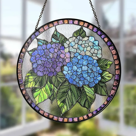 Blue Hydrangea Stained Glass Suncatcher, Flower Art for Home or Garden Decor