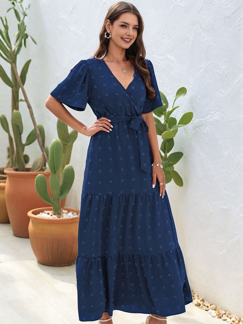 Boho Dot Summer Maxi Dresses for Women Wrap V Neck Short Sleeve Long Flowy Church Wedding Guest Dress Blue XXL